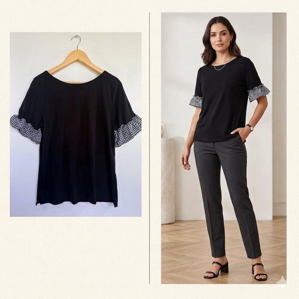 Talbots Black Knit Top Gingham Ruffle Sleeve Preppy Classic Capsule Blouse Large
